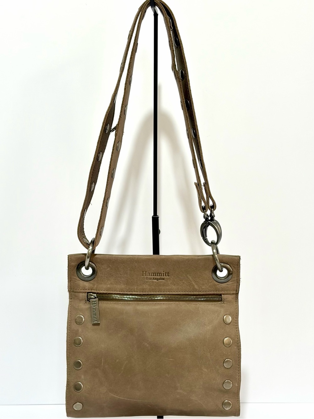 Hammitt Tony Medium OG Crossbody Bag In Pewter Leather With Brushed Silver